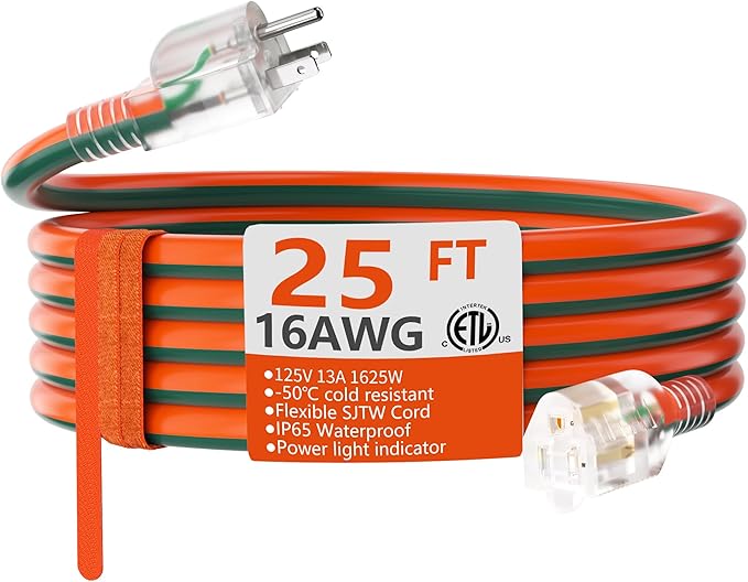HUANCHAIN 16 Gauge 25 ft Outdoor Extension Cord with Lighted End, Flexible Cold-Resistant 3 Prong Electric Cord Waterproof Outside, 13Amp 1625W 16AWG SJTW, Orange Green, ETL