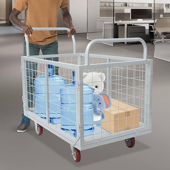 1800Lbs Platform Truck Cart with Cage, 4-in-1 Heavy Duty Cart Utility Cart with 4 Wheels for Warehouses and Logistics Centers 38.39 x 23.62 x 20.79 Inch