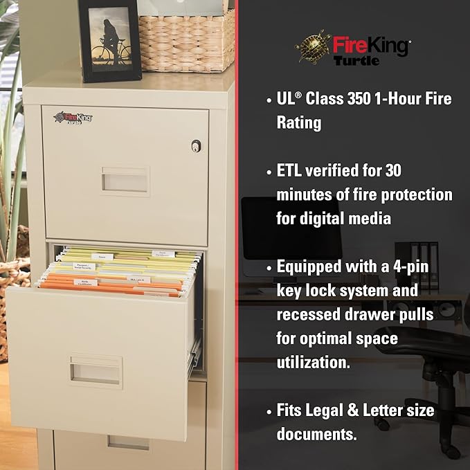 FireKing Turtle Vertical 2 Drawer Legal and Letter Fire Safe File Cabinet with Key Lock, 1 Hour Fire Rated, UL Rated & Water Resistant Home Safe, Filing Cabinet, Made in The USA, Parchment