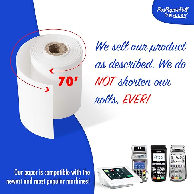 2-1/4 X 70 Thermal Paper Verifone VX520 Ingenico ICT220 ICT250 First Data FD400 Nurit 8000 8020 STP103, 50 BPA Free Rolls by Rollxy