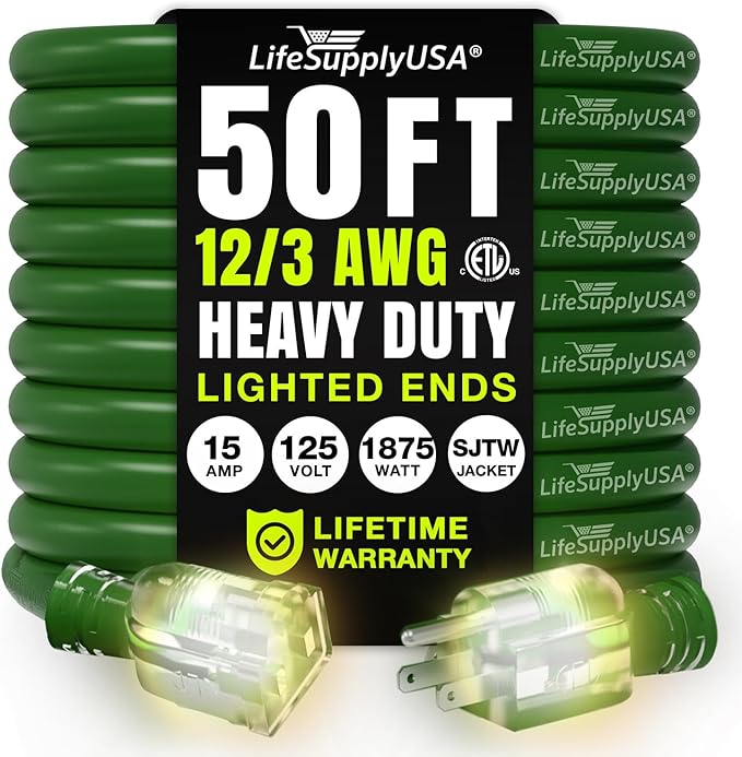 50ft Outdoor/Indoor Extension Cord 12/3 Gauge Extra Heavy Duty 3 Prong SJTW, Waterproof, ETL Listed, Flexible Cold-Resistant Long Power Cord,15A 125V 1875W, Green by LifeSupplyUSA