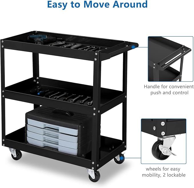 TUFFIOM 3 Tier Rolling Tool Cart, 330 Lbs Capacity, with Ergonomic Handle, Black