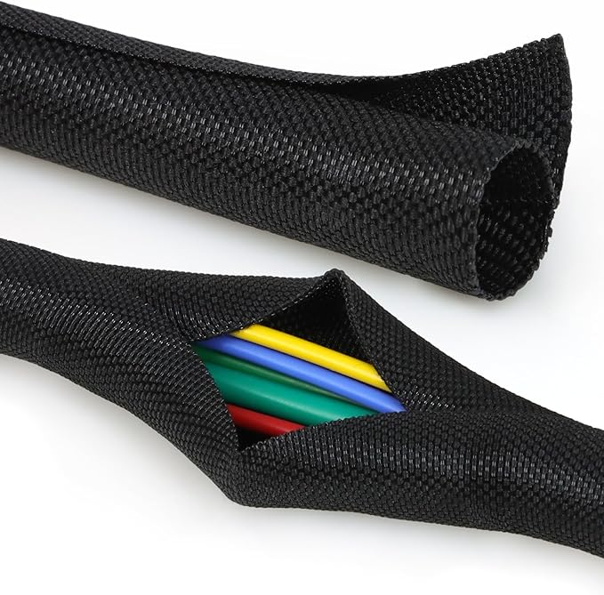 Split Braided Cable Sleeve，Flexible Wire Loom Tubing, Automotive Cord Protector Pet Proof, Cable Management for Computer TV Electric Wires Harness 16ft (Black, 5mm（3/16")