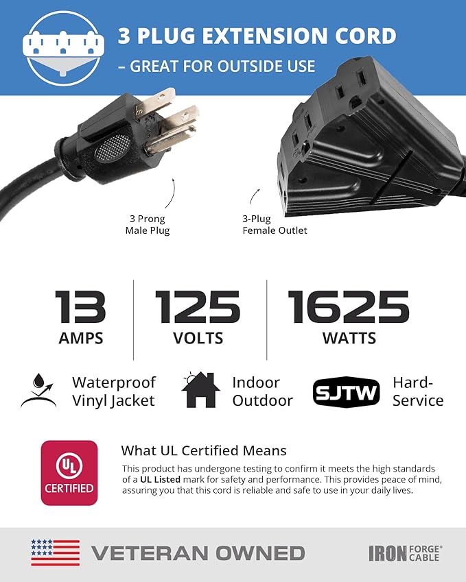 Iron Forge Cable 100 Ft Black Extension Cord with 3 Outlets - 16/3 SJTW 100 Foot Extension Cord 3 Prong, Weatherproof Exterior Power Cable for Outdoor
