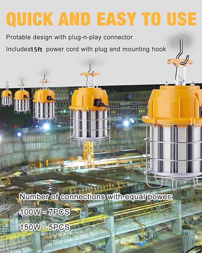 LED Temporary Work Light 100W with 15FT Cord, LED Construction Lights 12,000lm 5000K Daylight Stainless Steel Guard Portable Hanging Work Lighting Workshop Jobsite Light Outdoor
