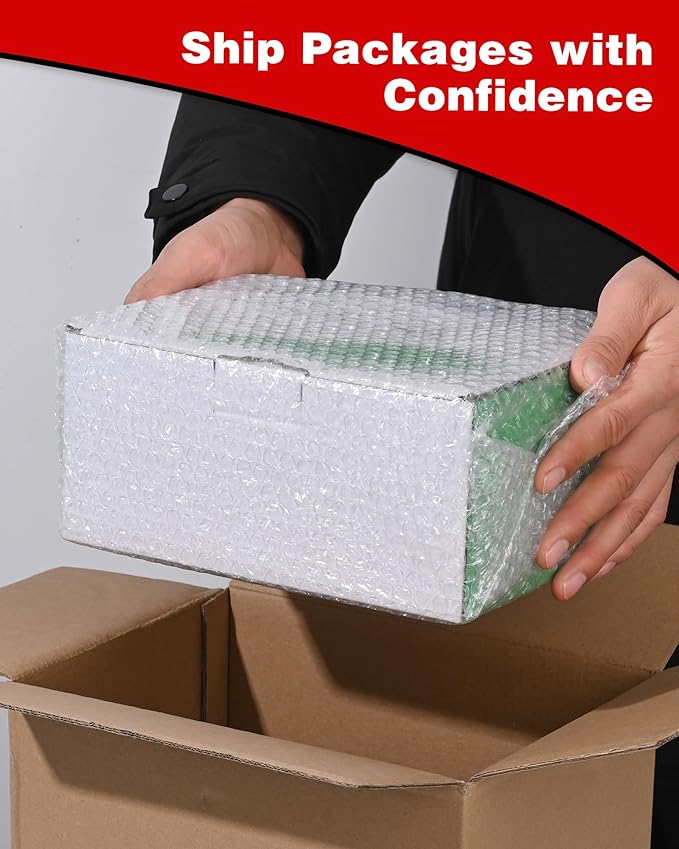 2-Pack Bubble Cushioning Wrap Rolls, 3/16" x 17" x 72' ft Total, Perforated 12" 20 Fragile Stickers for Shipping, Packaging, Mailing