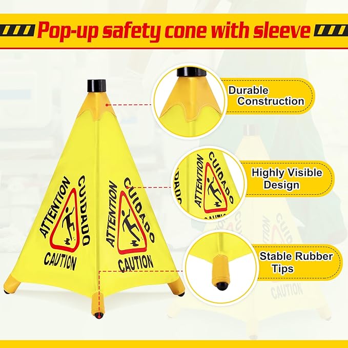 6 Pcs Pop up Wet Floor Sign with Storage Tube 20 Inch Wet Safety Signs Commercial Caution Safety Cone Pop up Caution Sign for Commercial Stores Grocery Restaurant Restroom Office Use