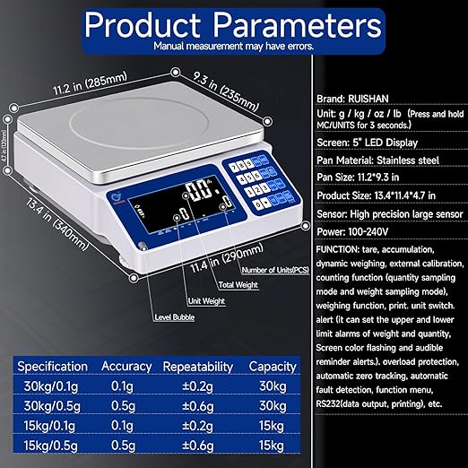 Counting Scale 15kg/33lb x 0.5g Digital Bench Scale for Parts and Coins kg/g/lb/oz Electronic Gram Scale Large Range Lab Industrial Inventory Piece Counting Balance Scales
