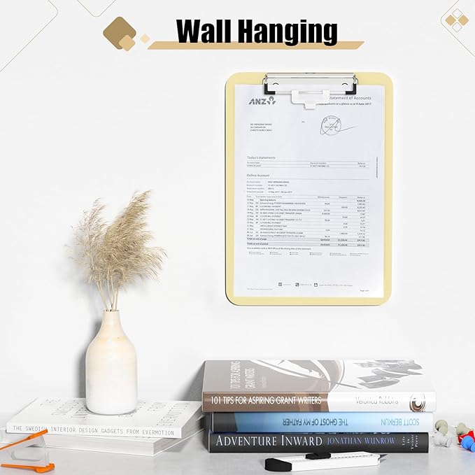 Hongri Plastic Clipboard with Pen Holder, Yellow 8.5x11 Letter Size Clip Board for Classroom, Office, Students, Nurses and Women, Low Profile Clip, Size 12.5 x 9 in