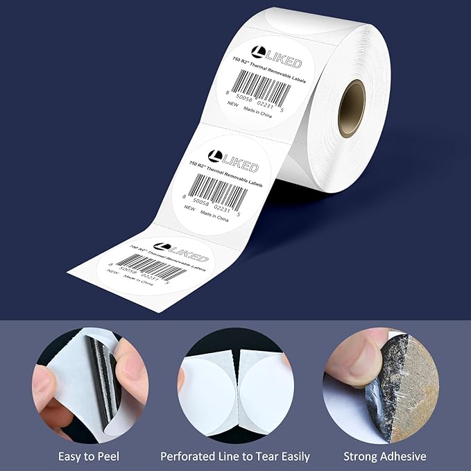 L LIKED 2" Round Direct Thermal Labels for Block, Permanent Adhesive Circle Label & Compatible with Rollo, Zebra and Other Desktop Printers (1 Roll, 750 Labels)