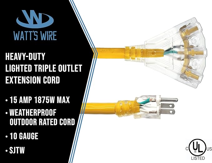 25 ft 10 Gauge Extension Cord - Outdoor Extension Cord Waterproof - Heavy Duty Outdoor Extension Cords 25 ft with Multiple Outlets - Watts Wire - 25' Grounded - extensiones electricas