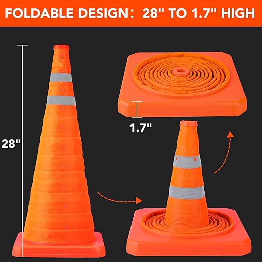 [2 Pack]28 Inch Collapsible Traffic Safety Cones - Parking Cones with Reflective Collars, Orange Safety Cones for Parking lot, Driveway, Driving Training etc