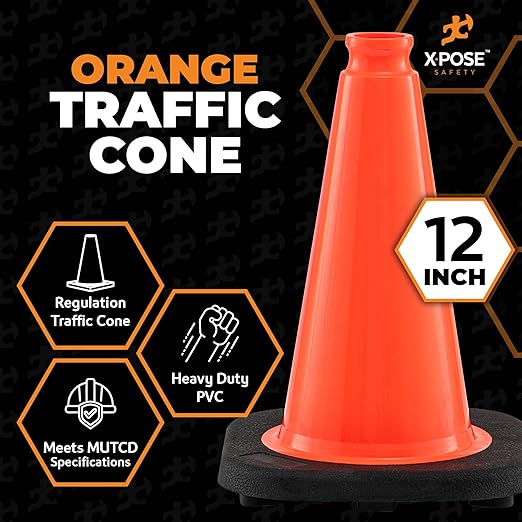 Xpose Safety 12 Inch Orange Traffic Cones, 1-Pack - Multipurpose PVC Plastic Safety Cone for Parking, Soccer, Caution, Kids and Construction - DOT Approved