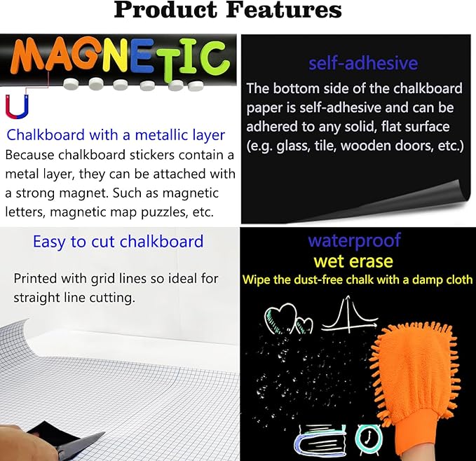Magnetic Chalkboard Contact Paper 50"x18" Self Adhesive Magnet Wall Board Sticker with 12 Color Chalk for Office Black Chalk Board Wallpaper Roll Alternative to Magnetic Blackboard Paint