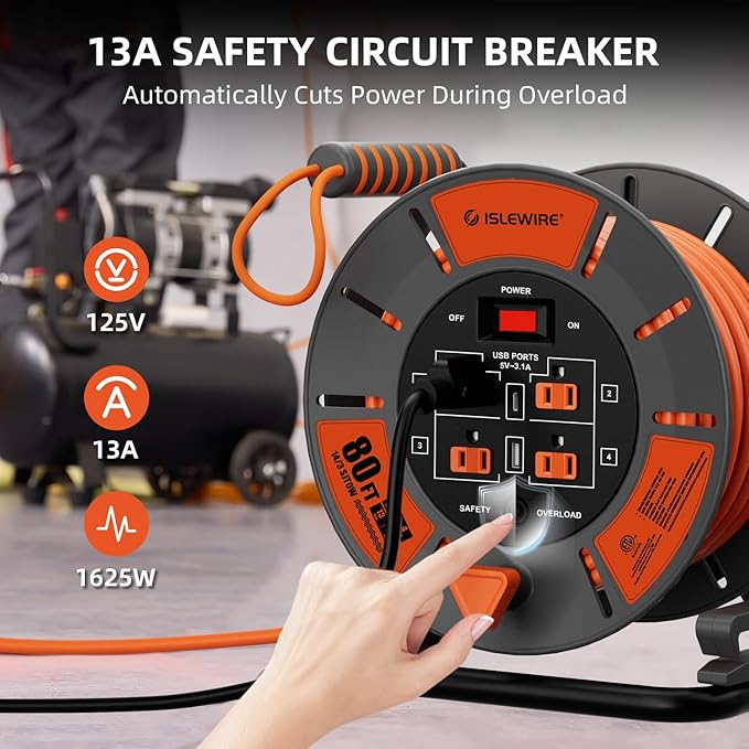 Retractable Extension Cord Reel 80 FT, 14AWG SJTOW Heavy Duty Power Cord with 4 Grounded Outlets, USB-A & USB-C Ports, 13A Circuit Breaker, Hand Crank for Indoor Outdoor Use, ETL Listed, Orange