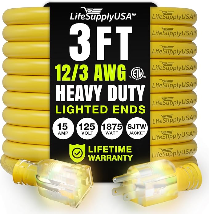 3ft Outdoor/Indoor Extension Cord 12/3 Gauge Extra Heavy Duty 3 Prong SJTW, Waterproof, ETL Listed, Flexible Cold-Resistant Long Power Cord,15A 125V 1875W, Yellow by LifeSupplyUSA