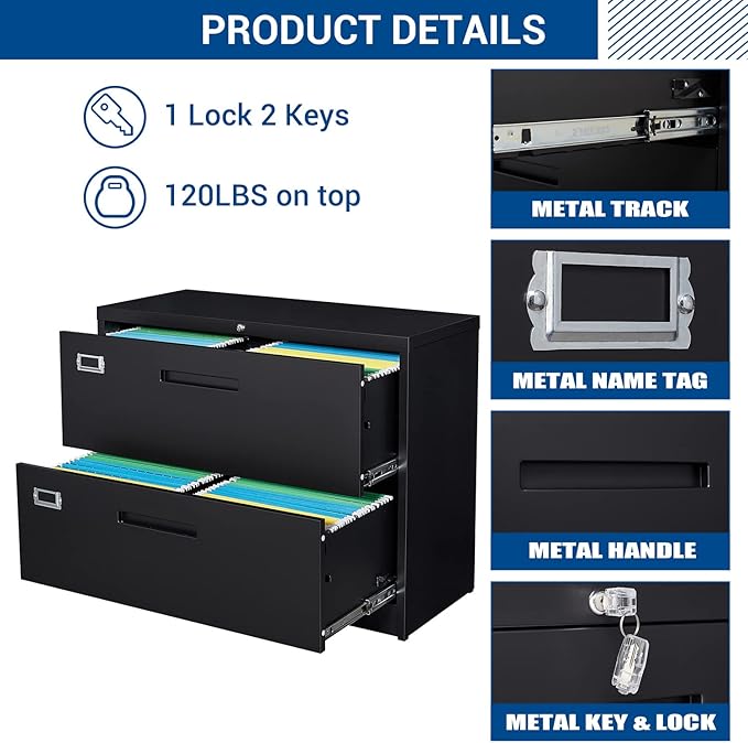 Lateral File Cabinet with Lock, 2 Drawer Large Metal Filing Cabinet,Home Office Lockable Storage Cabinet for Hanging Files Letter/Legal/F4/A4 Size-Assembly Required