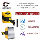 Crowd Control Warehouse - CCW Series WMB-220 Magnetic Wall Mount Retractable Belt Barrier - 15 Foot, Black with Yellow Horizontal Stripe Belt with Yellow ABS Case
