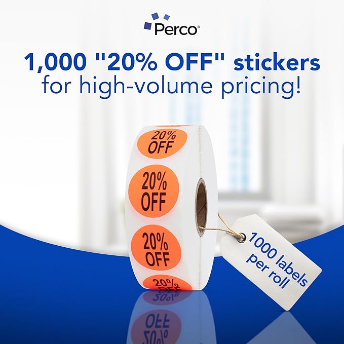 Perco Fluorescent Red 1-Inch Circle 20 Percent Off Retail Price Stickers—1,000 Perforated Labels per Roll—Ideal for Storefronts, Merchandising, Flea Markets, Discount Marking, Clearance—Made in USA