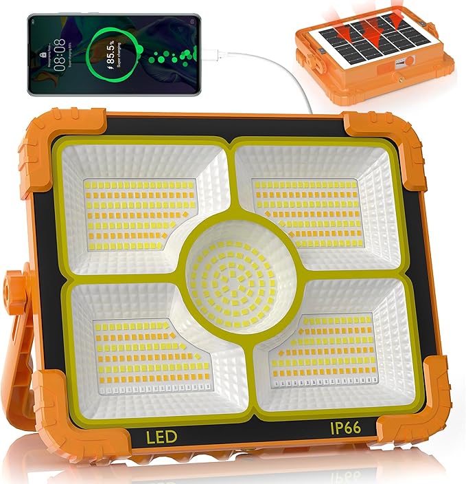 100W LED Solar Work Light, 466 LED 10000LM Magnetic Worklight with 5 Modes, 12000mAh Battary Rechargeable, IP66 Waterproof Portable Solar Outdoor Working Light for Emergency, Repair, Camping