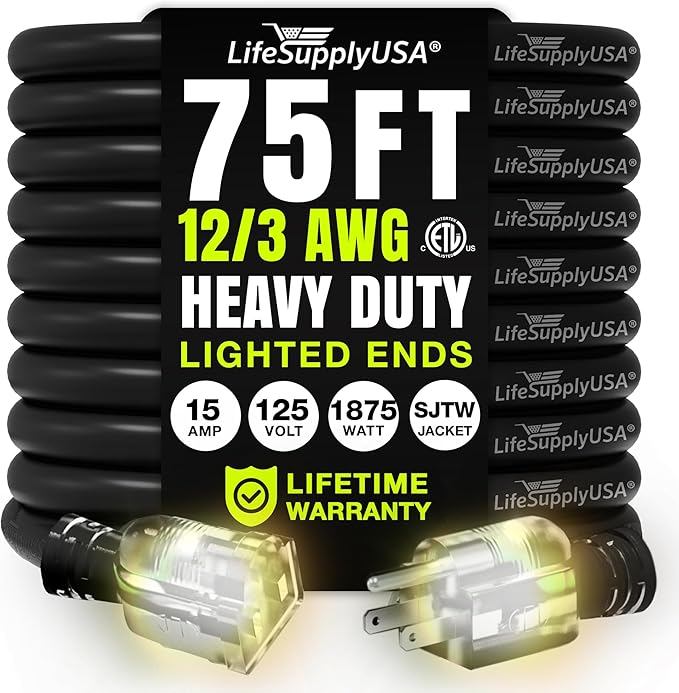 75ft Outdoor/Indoor Extension Cord 12/3 Gauge Extra Heavy Duty 3 Prong SJTW, Waterproof, ETL Listed, Flexible Cold-Resistant Long Power Cord,15A 125V 1875W, Black by LifeSupplyUSA