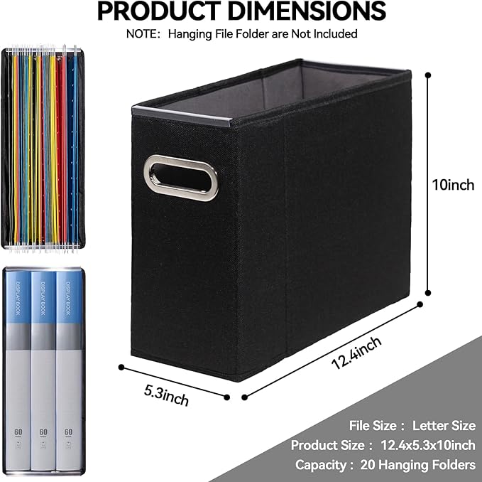 8 Packs Letter Size File Organizer, File Folders Organizer, Fabric Storage Box, Collapsible Paper Organizer with Metal Handle, Smooth PVC Rails, Only Box (Black)