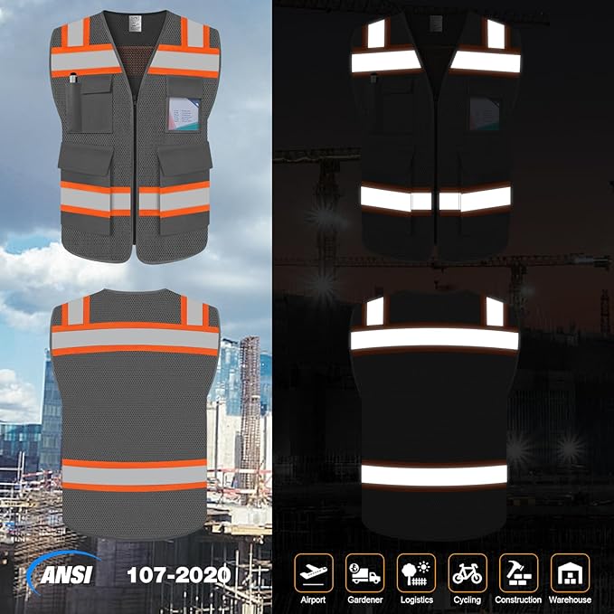 TCCFCCT Reflective Vest 5 Pockets Mesh Safety Vest with Reinforced Zipper, High Visibility Surveyor Work Vest for Men Women with Fluorescent Orange Edge, Durable to Use, Meets ANSI/ISEA,DW-Grey, 4XL