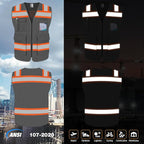 TCCFCCT Reflective Safety Vest 5 Pockets Mesh High Visibility Vest for Men Women, Hi Vis Construction Work Vest with Fluorescent Orange Edge, Durable with Reinforced Sewing, Meet ANSI/ISEA, DW-Grey, XL