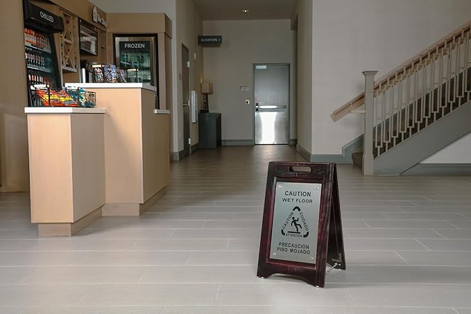 Premium Wooden Caution Wet Floor Sign – Bilingual w/Non-Skid Plastic Feet, Brushed Nickel Plate – For Hotels, Schools, Offices, Areas, Restrooms, Pool Decks & Shops