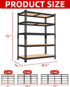 PrimeZone 35.5" x 12" x 72" Heavy Duty Storage Shelves - 5 Tier Adjustable Garage Storage Shelving, Metal Storage Utility Rack Shelf Unit for Warehouse Pantry Closet Kitchen, Black, 2 Pack
