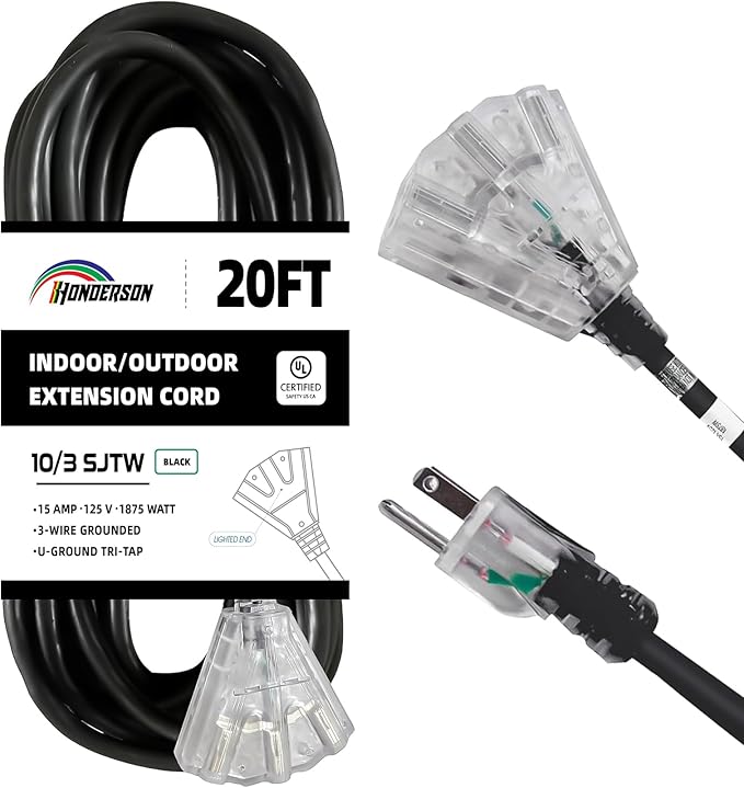 3-Outlets Indoor Outdoor Extension Cord Weatherproof with Lighted End, UL Listed, 10 Gauge 20FT Black 3 Prong Heavy Duty, 10/3 SJTW 15A Power Cord