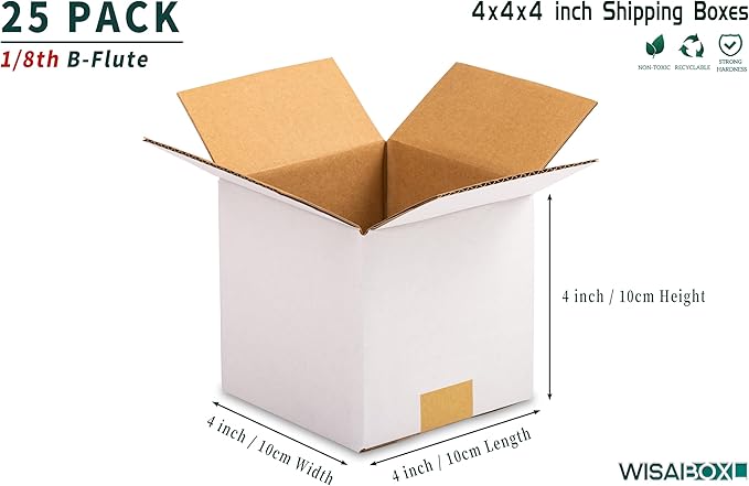 4x4x4 inch White Shipping Boxes, Corrugated Cardboard Small Boxes for Business Mailing, Packing, Moving, Storage, 25 Pack