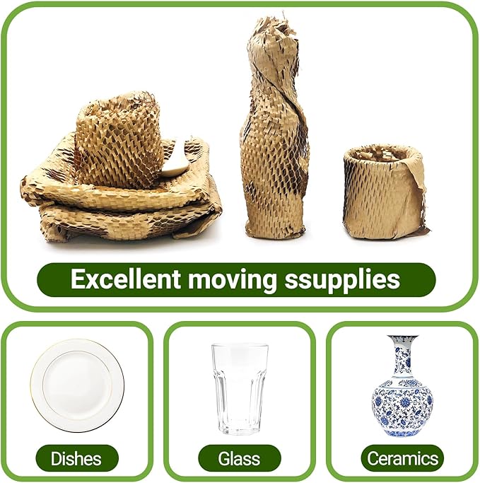 Moving Dish Packing Kit Plate Protector Sleeve, Packing Supplies for Dishes Glass, Honeycomb Wrapping Paper Roll 15 inch x300 Feet Large Bubble Cushion Wrap Shipping Material for Fragile Items