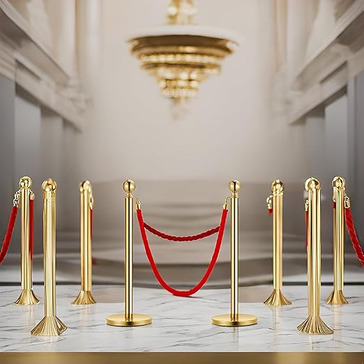 6PCS Gold Stanchion Post, 5 Ft Red Velvet Rope Stainless Steel Crowd Control Barriers Used for Theaters Parties Wedding Museums Exhibition