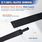 2:1 Heat shrinkable Braided Sleeving Fabric Wire Loom High Temp Heat Shrink Wiring Harness Abrasion Protector Cable Sleeve (1"-48ft)