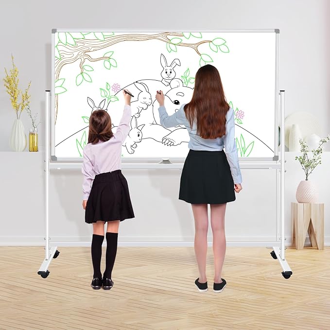 Large Rolling White Boards on Wheels 60 X 48 Magnetic Dry Erase Board with Stand, Double-Sided Mobile Whiteboard with Stands, 5' x 4' White Board with Eraser & Marker & Magnet & Calendar