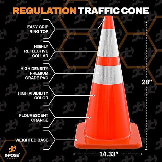 Xpose Safety 28 Inch Orange Traffic Cones with 6" & 4" Collars, 4-Pack - Multipurpose PVC Plastic Safety Cone for Parking, Soccer, Caution, Kids and Construction - DOT Approved