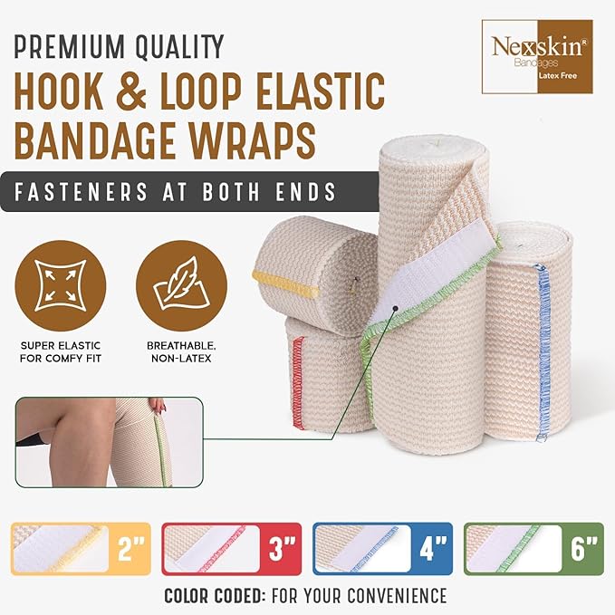 Premium Elastic Bandage Wrap (3” Wide, 2 Pack) - Nexskin Latex Free Athletic/Medical Compression Bandages Hook & Loop Fasteners at Both Ends - Lifetime Washable & Reusable Bandages