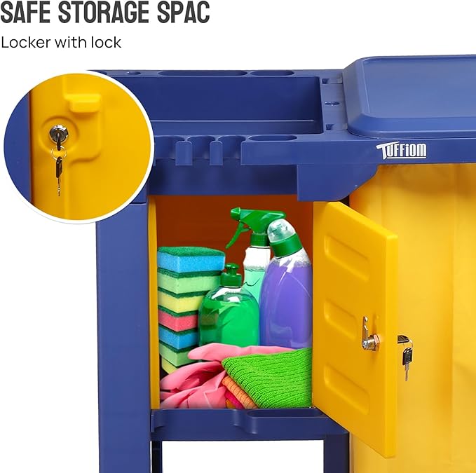 TUFFIOM Multifunctional Janitorial Cart with Key-Locking Cabinet,Cleaning Carts on Wheels,with 15 Gallon Collection Bag,500 lbs Capacity, Yellow&Blue