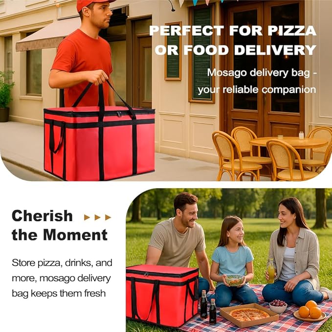 XXXL Insulated Food Delivery Bag - Reusable Thermal Cooler Grocery Bags for Catering&Delivery, Pizza Carrier for Events, Large Capacity Bag Keeps Food Hot/Cold for Shopping, Commercial (Red with Base)