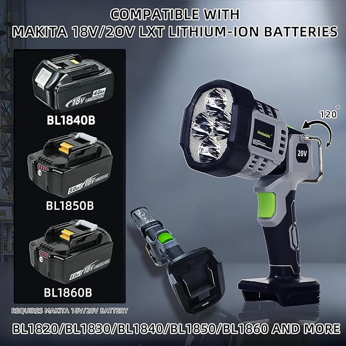 20W Cordless LED Work Light, Switchable Spotlight and Floodlight for 2000 Lumens, Makita 18V/20V LXT, 500m/1640FT Beam, Built-in Hook for Jobsite and Camping (Battery Not Included)