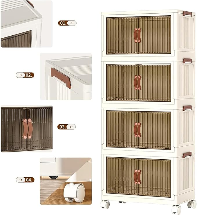 4 Tier Plastic Stackable Storage Bins and Boxes Organizer, Foldable Containers, Stackable Closet Organizers, Collapsible Boxes, White (4 Tier, 25.8″)