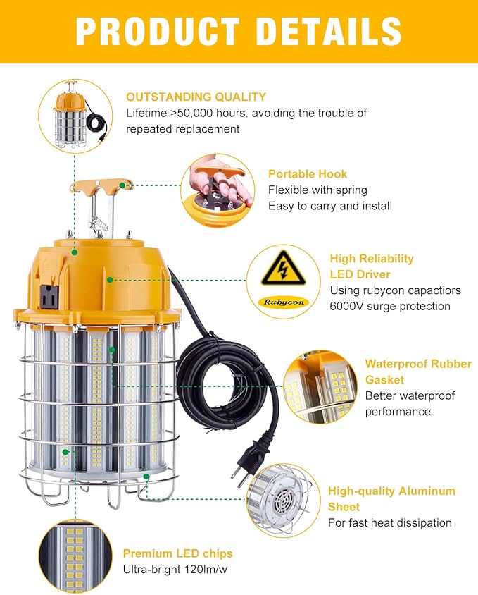 LED Temporary Work Light 150W, 5000K 18,000lm Outdoor Construction Lights Job Site Lighting 15ft Cord IP65 Dust Waterproof Hanging Lighting