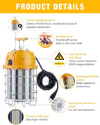 LED Temporary Work Light 60W, LED Construction Lights 7,200lm 5000K Daylight, Stainless Steel Guard Portable Hanging Work Lighting Workshop Jobsite Light Outdoor