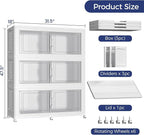 150Gal Stackable Storage Bins with Lid, 600Qt Extra Large Collapsible Storage Box with Wheels, Dividers, Folding Plastic Cabinet Closet Organizers for Home Kitchen Office Dorm, 3Pack White