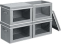Large Storage Bins with Lids - Stackable Cube Bins for Closet, 4 Pack Clear Windows Fabric Organizer Bins, Home Organizers and Storage for Clothes, CD, Towels, Grey