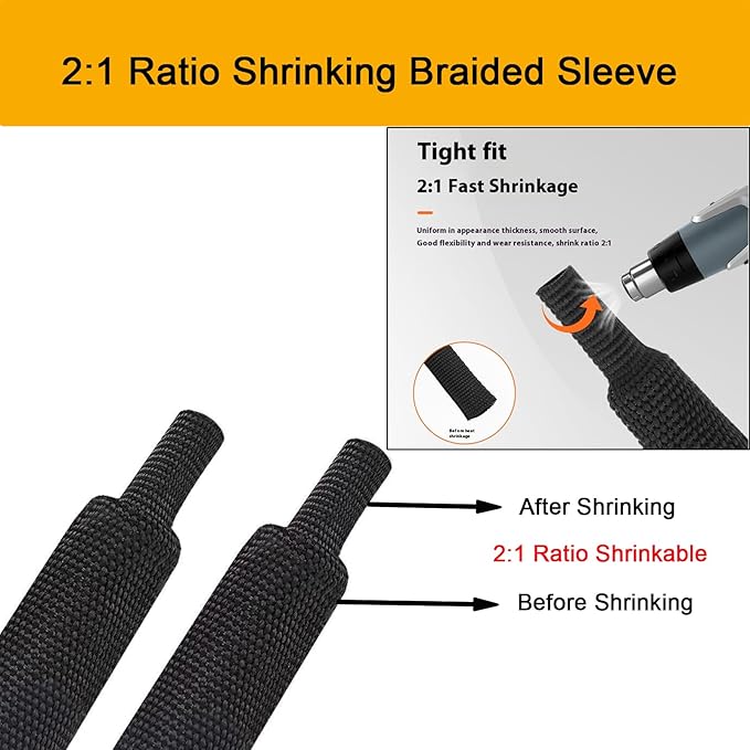 Heat Shrink Braided Sleeving 2:1 Shrinkable Fabric Cable Sheathing Wire Tubing Management Abrasion Protectors Flexibility 1/2" ID-24FT