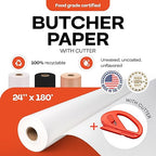 White Butcher Paper 24" x 2160" (180 feet) with Cutter - USA-Made Natural Butcher Paper Roll for Meat & Fish - Uncoated, Unwaxed & Food-Grade Material for Smoker, Grilling & BBQ by IDL Packaging