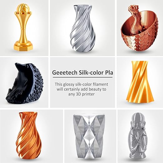 Geeetech Silk PLA Filament 1.75mm for 3D Printer, Metal-Like Shiny 3D Filament 1kg (2.2lbs) 1 Spool, Dimensional Accuracy +/- 0.02 mm, Silk Black