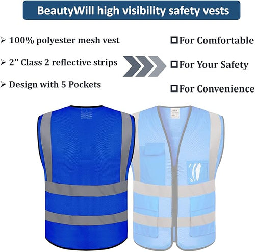 10 Pack Mesh Safety Vest Custom Logo High Visibility Reflective Vest with Pockets Security Work Vest（Blue，L）
